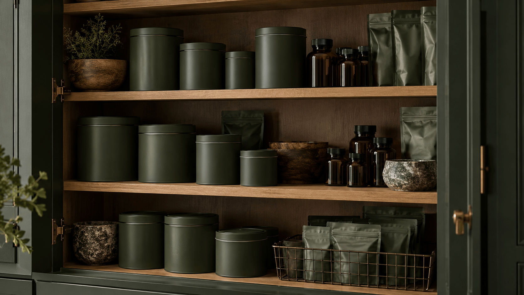 Botanical pantry with sealed green canisters, amber bottles, and pouches on wooden shelves