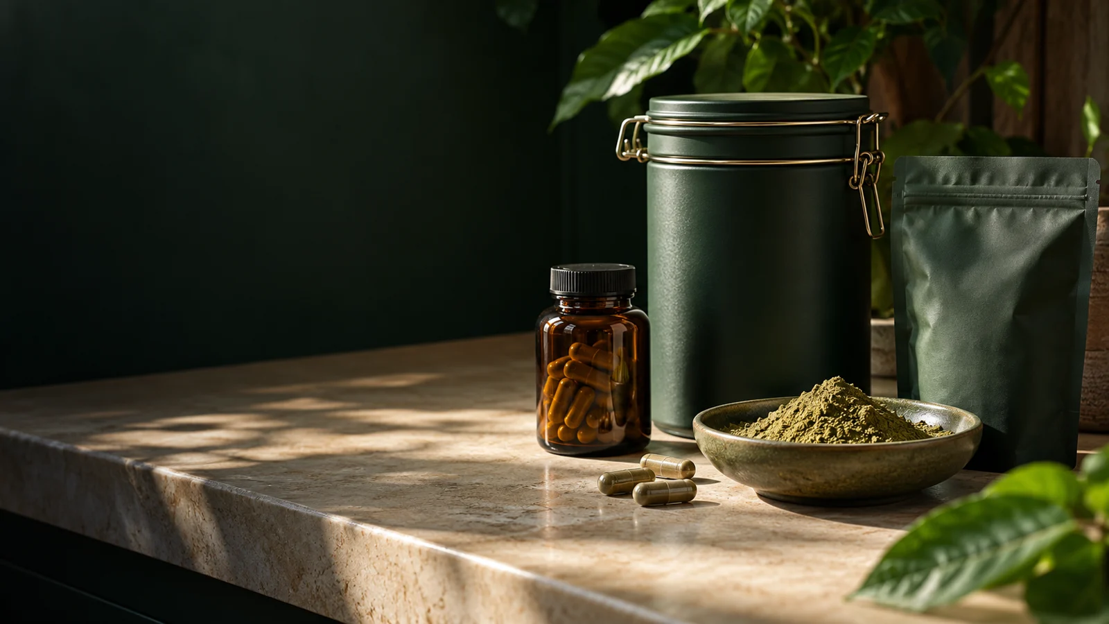 Airtight botanical storage containers, a sealed pouch, green powder and capsules on a pantry shelf