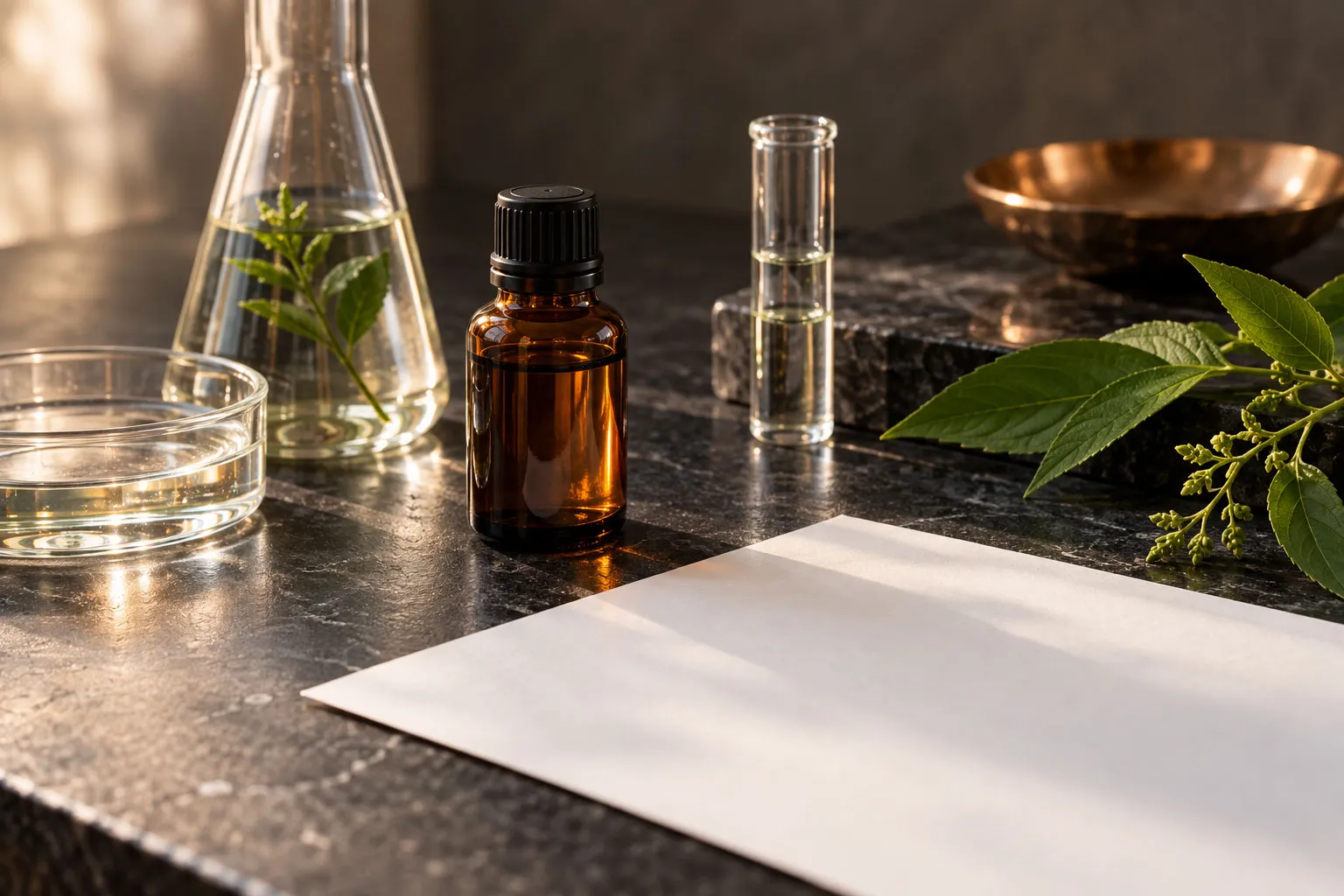 Illustrative amber bottle and glassware beside a blank sheet