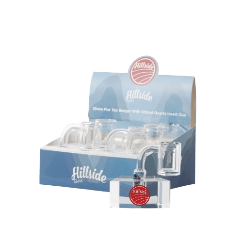 DLQ-102-14 Box / Hillside Glass 25mm Flat Top Banger w/ Slitted Quartz Insert Cup Banger 14mm Box Set (6ct) DLQ-102-14 Box / Hillside Glass 25mm Flat Top Banger w/ Slitted Quartz Insert Cup Banger 14mm Box Set (6ct)
